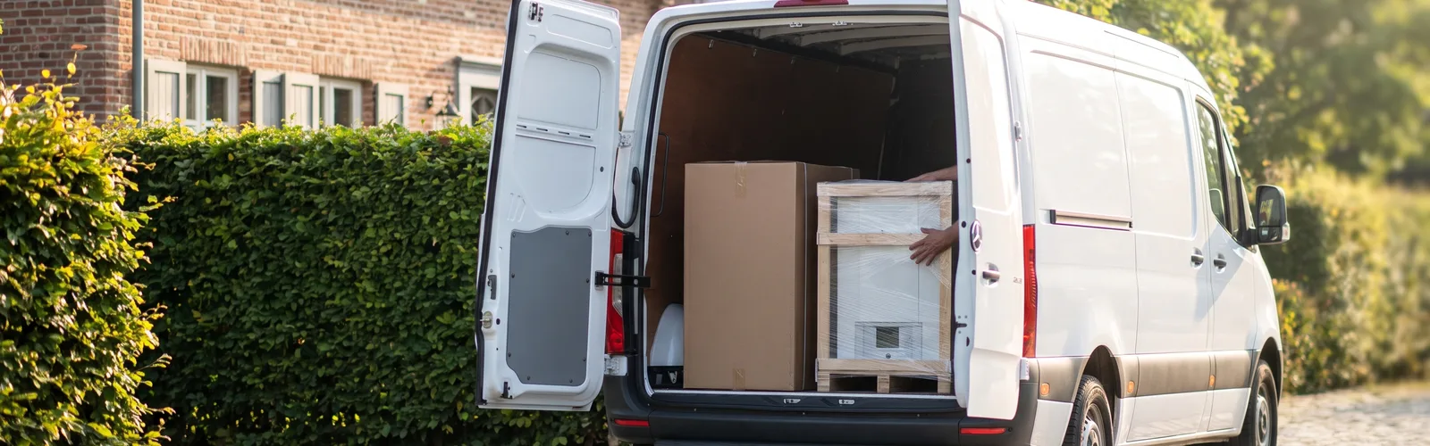 Lieferwagen mit Palette und Paket vor einem Wohnhaus