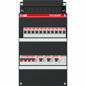 ABB Hafonorm 3-phasiger Verteilerkasten mit 11 Stromkreisen, 3 FI-Schutzschaltern, 4-poligem Hauptschalter und Klingeltrafo