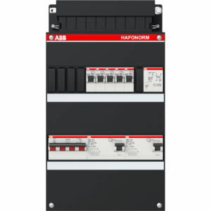 ABB Hafonorm 3-phasiger Verteilerkasten mit 5 Stromkreisen, 2 FI-Schutzschaltern, 4-poligem Hauptschalter und Klingeltrafo