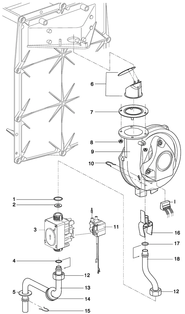 Exploded view Intergas Kombi Kompakt HR 28/24A: Gasstraat 1 1 met ventilator incl tunnel