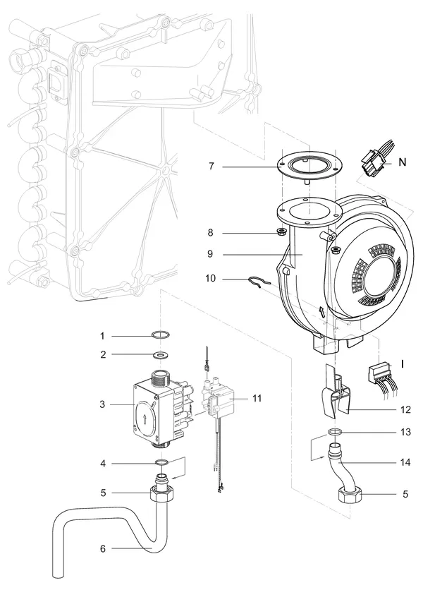 Exploded view Intergas Kompakt Solo HRE 48A: Gasstraat ventilator 230v met tunnelvent