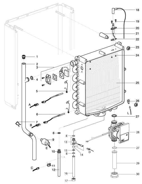 Exploded view Intergas Kompakt Solo HRE 48A: Warmtewisselaar waterzijdig vanaf august