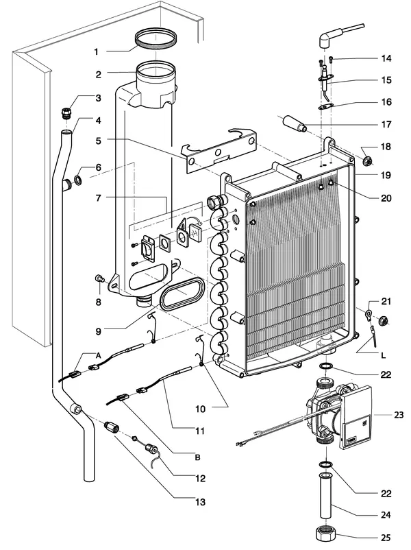 Exploded view Intergas Kombi Kompakt 22A Chalet: Wisselaar rookgas waterzijdig vanaf augu