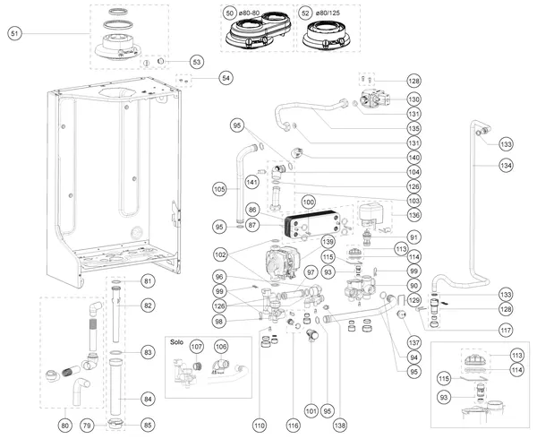Exploded view Atag i28ECZ-TY28E50H: Achterwand en hydraulische componenten