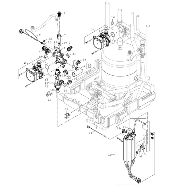 Explosionszeichnung Bosch Compress 5800i AW (CS5800iAW 12 M): Pumpe und elektrische Zusatzheizung