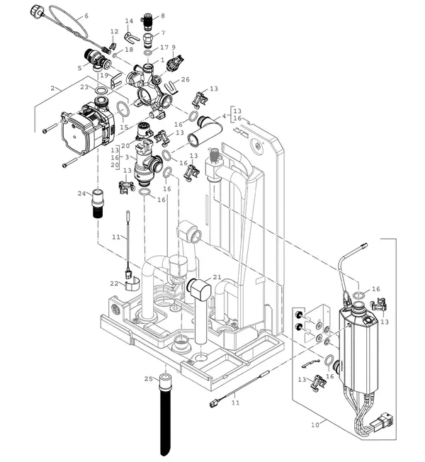 Explosionszeichnung Bosch Compress 5800i AW (CS5800iAW 12 E): Pumpe und elektrische Zusatzheizung