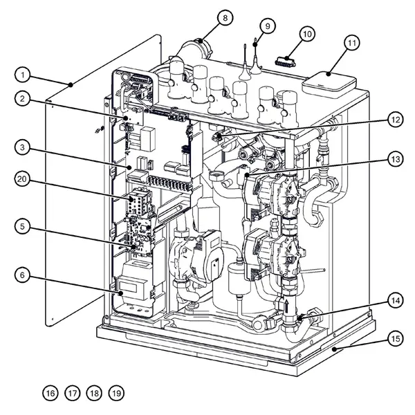 Exploded view Itho Daalderop 5e generatie WPU 55-GE (03-00756): Behuizing elektronica sensoren