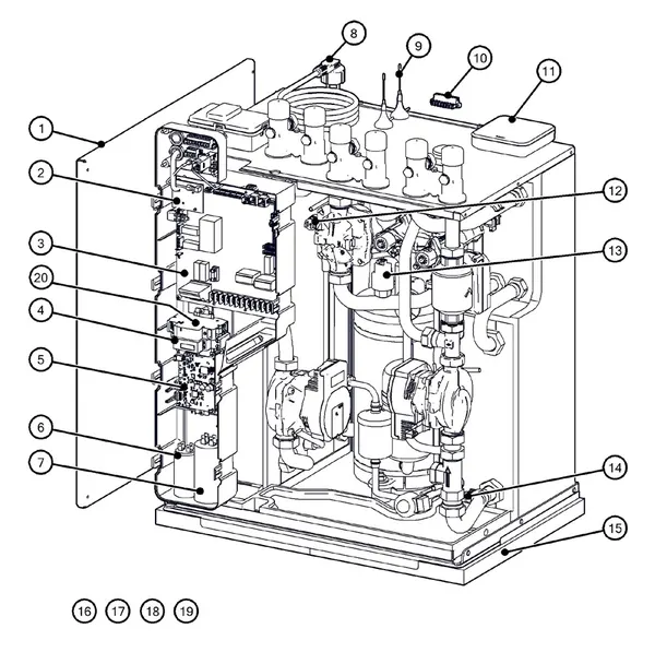 Exploded view Itho Daalderop 5e generatie WPU 25-COE (03-00706): Behuizing elektronica sensoren