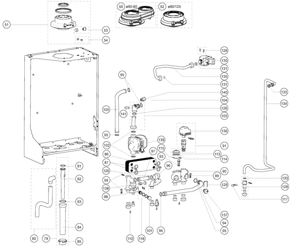 Exploded view Atag P27C iCon1: Achterwand en hydraulische componenten