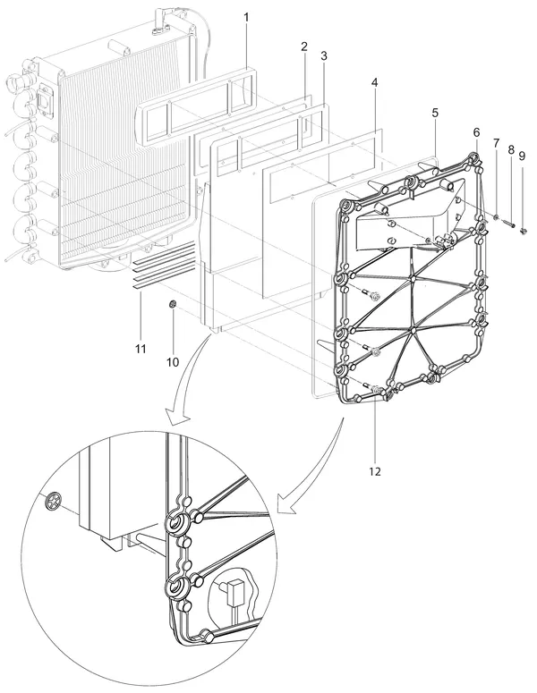 Exploded view Intergas Kompakt Solo HRE 48: Branderunit voorplaat met borstbout vana
