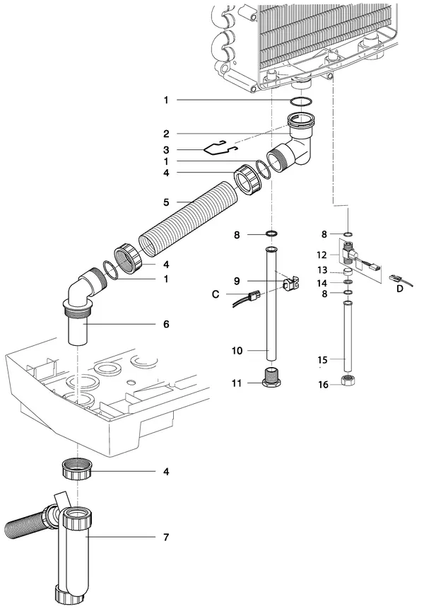 Exploded view Intergas Kombi Kompakt HR 22: Tapwaterzijdig condensafvoer tot augustu