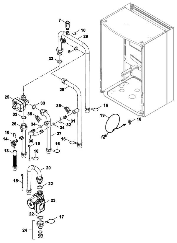 Exploded view Nefit (Bosch) Monoblock IDU 5-9 B: Pomp leidingen