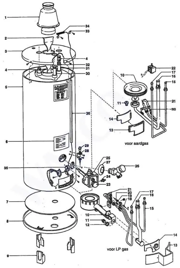 Exploded view A.O. Smith NPL 40 TNN: Totaaloverzicht