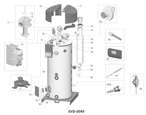 Exploded view A.O. Smith SGE 60 (tot 01-09-1990): Totaaloverzicht