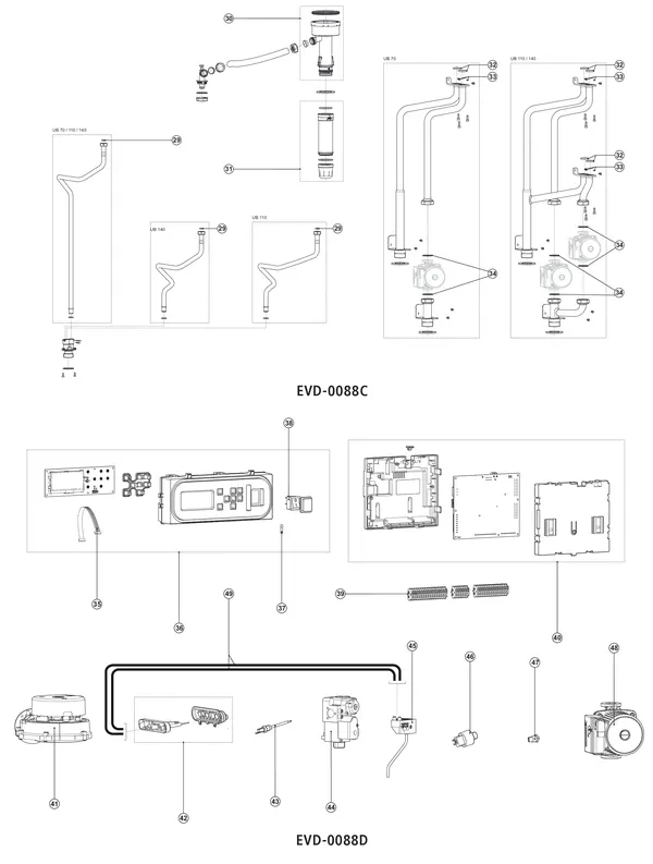 Exploded view A.O. Smith UB 70: Leiding besturing en elektrische onderde
