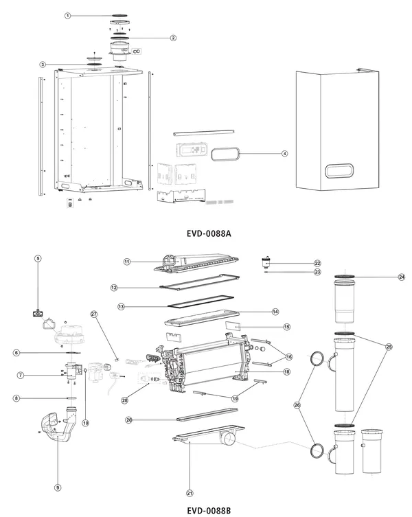 Exploded view A.O. Smith UB 70: Mantel en warmtewisselaar