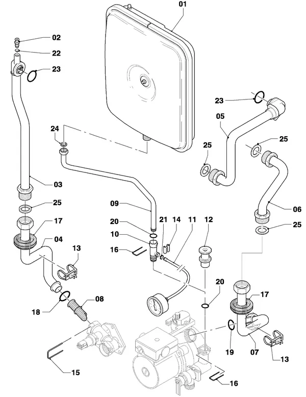 Explosionszeichnung Vaillant Kombitherme Turbo CWK 245/4-5 R4: Anschlussteile